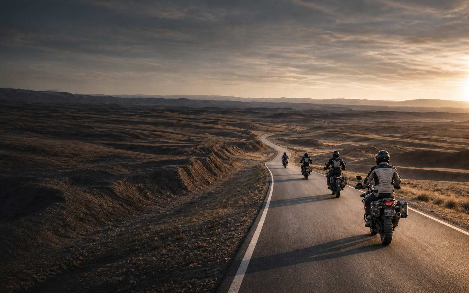 Five adventure motorcycle riders travelling west through a vast arid valley