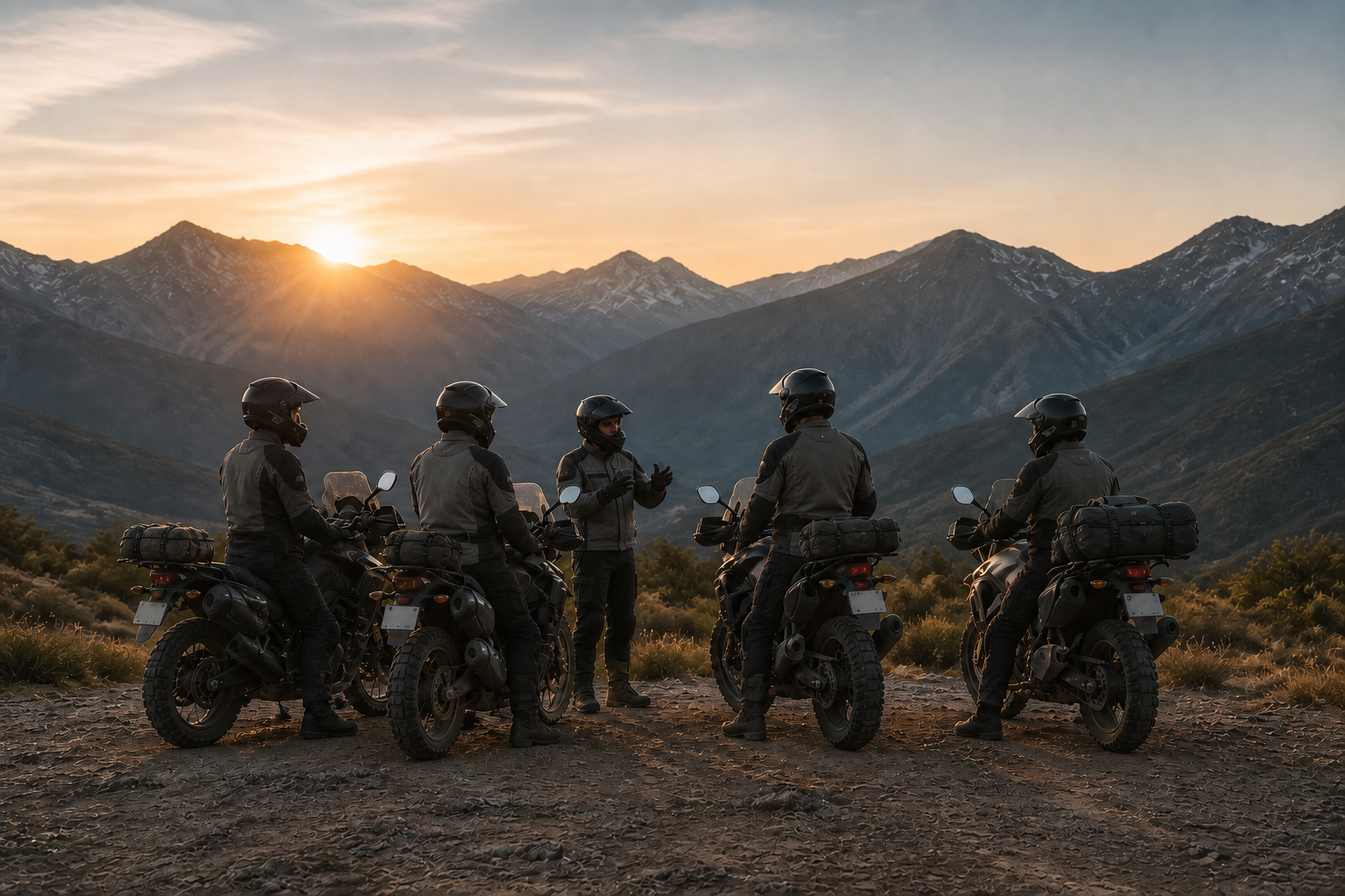 Protected motorcycle riders gather for a route briefing at first light